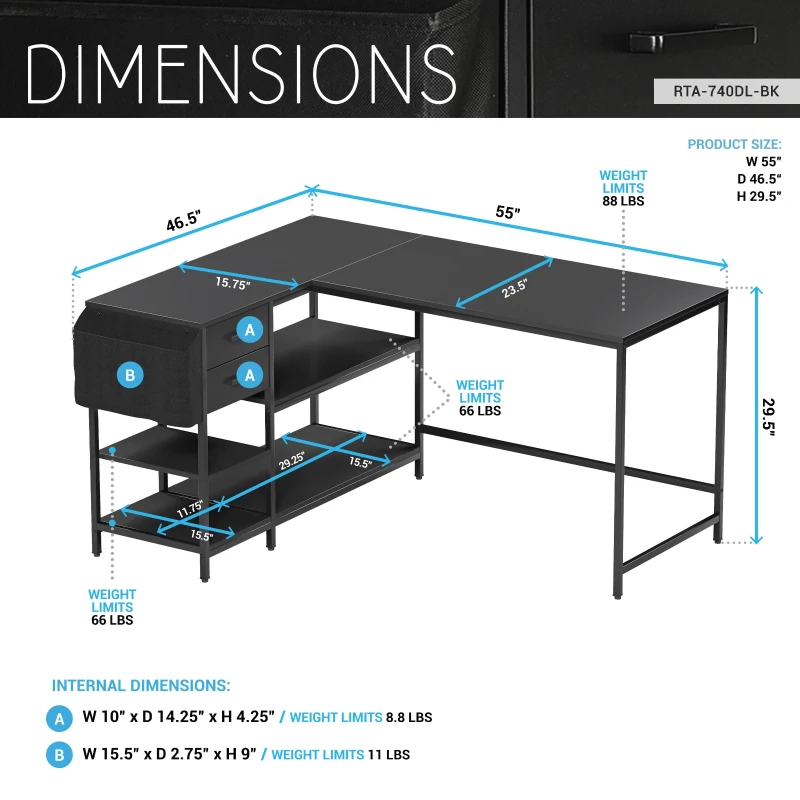 Modern L-Shaped Desk with 2 Drawers and Fabric Organizer, Contemporary Corner Computer Desk for Home Office, 55" L x 46.5" W x 29.5" H, Black