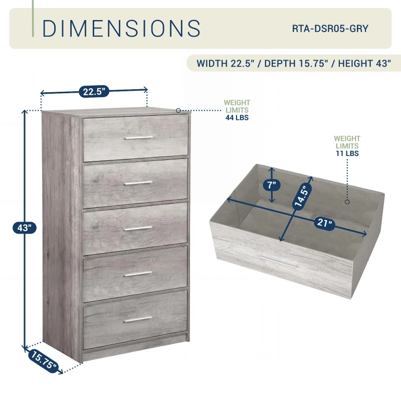 Spacious 5-Drawer Fabric Dresser with Wooden Top, Modern Storage Chest Organizer Tower for Closet, 22.5" L x 15.5" W x 43" H, Gray