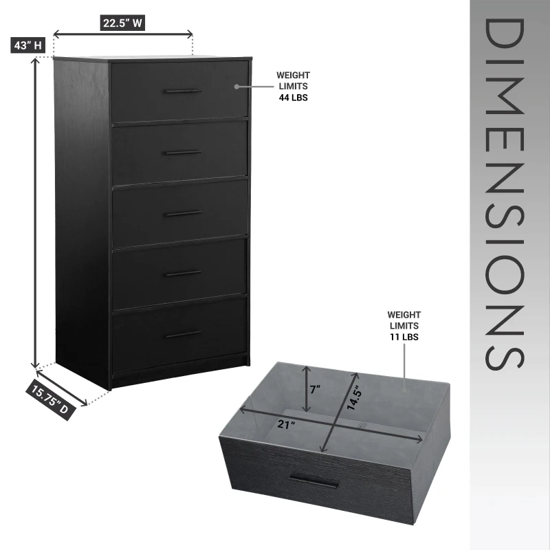 Spacious 5-Drawer Dresser with Water-Resistant Top, Ideal Storage Chest for Bedrooms, Playrooms, Entryways, 22.5" L x 15.5" W x 43" H, Black
