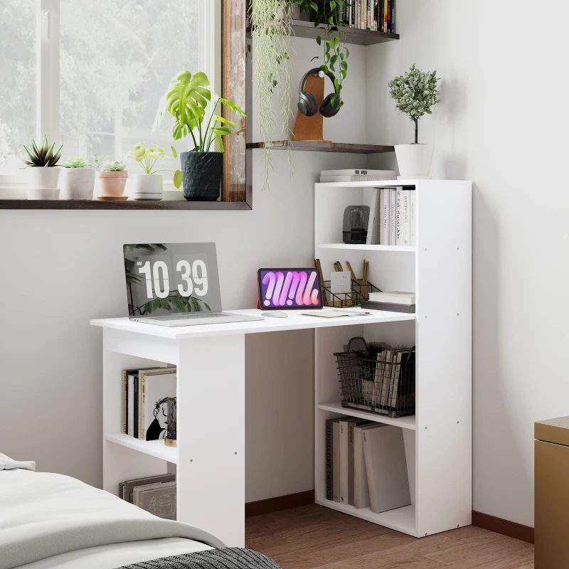 HOMCOM Computer Desk with 6-Tier Storage Shelves, Writing Desk Workstation with Bookshelf for Home Office, White