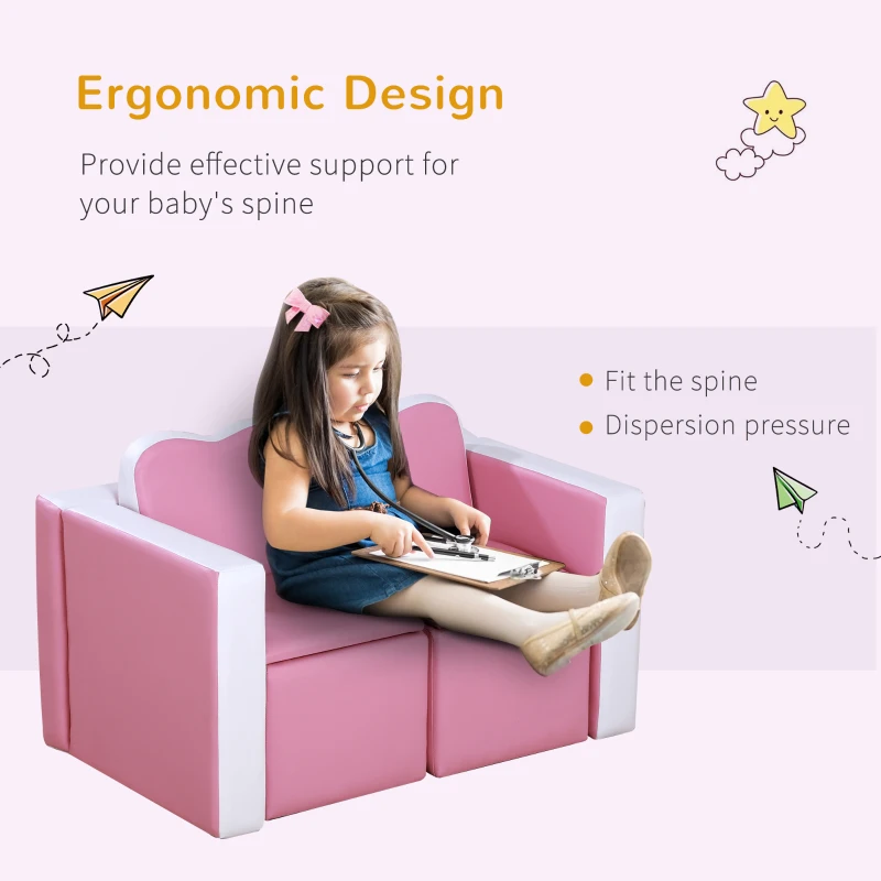 Qaba Kids Sofa Set 2-in-1 Multi-Functional Toddler Table Chair Set 2 Seat Couch Storage Box Soft Sturdy Pink