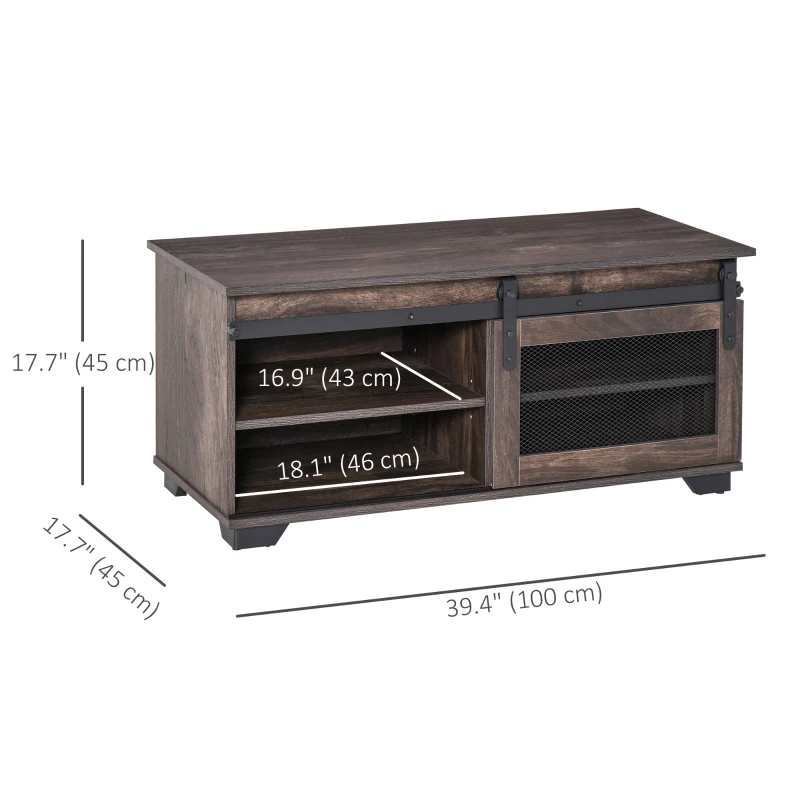 HOMCOM Farmhouse Coffee Table with Sliding Mesh Barn Door, Industrial Center Table with Adjustable Shelf for Living Room, Dark Brown
