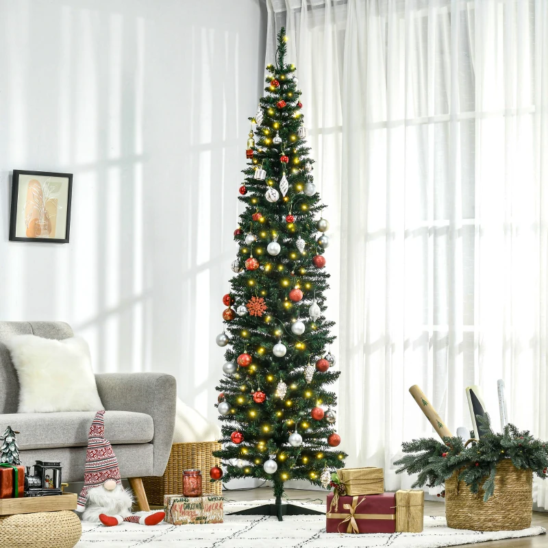 HOMCOM 7' Tall Pre-Lit Slim Noble Fir Artificial Pencil Christmas Tree with 200 Warm White LED Lights and 499 Tips, for Christmas Decoration, Green