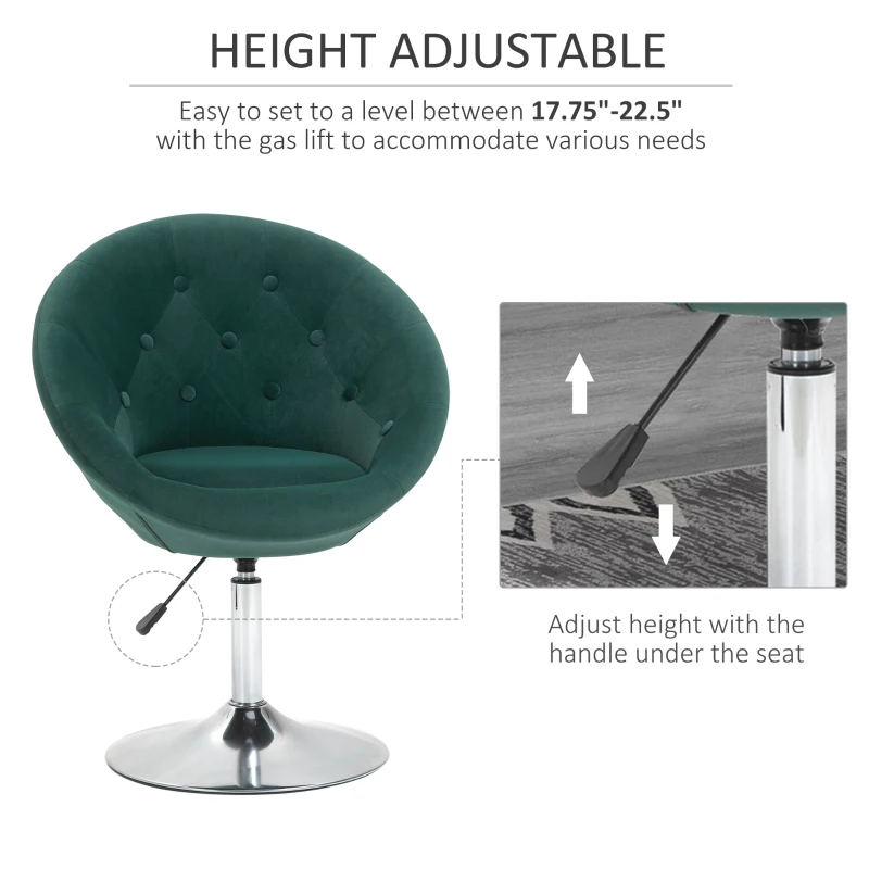 HOMCOM Modern Makeup Vanity Chair Round Tufted Swivel Accent Chair with Chrome Frame Height Adjustable, Green