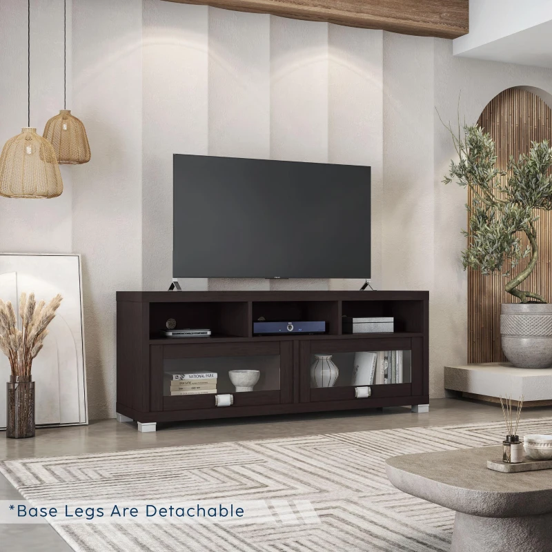 Sleek Durbin TV Stand with Glass Panel Cabinets and Cable Management, Modern Media Sideboard Cabinet for Living Room, 57" L x 15" W x 23" H, Espresso