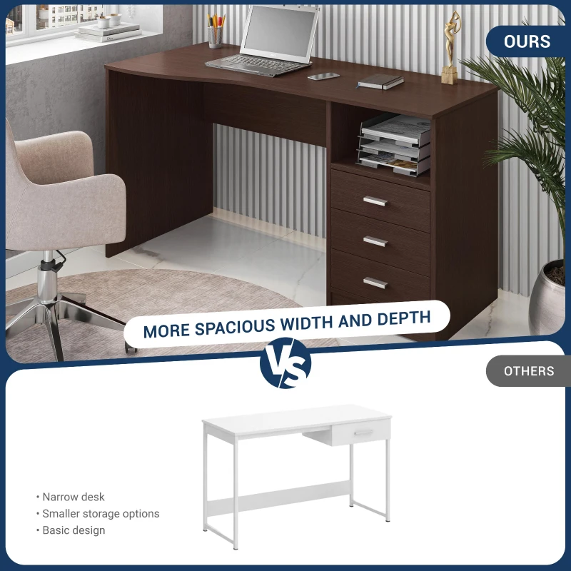 Classic Computer Desk with 3 Drawers and Side Shelf, Modern Contoured Workstation Table for Home Office Studio, 51" L x 23.5" W x 29.5" H, Wenge