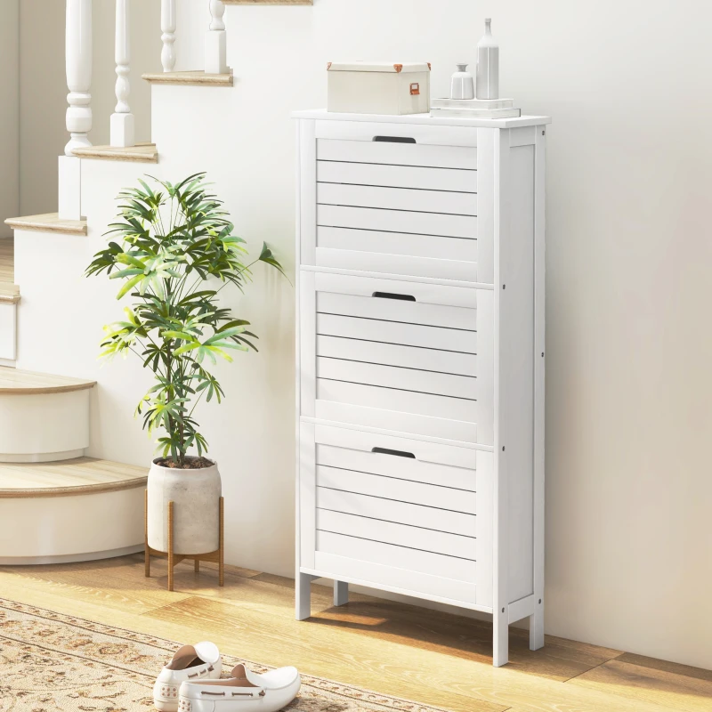 HOMCOM Modern Shoe Storage Cabinet with 3 Flip Drawers and Louvered Doors for 6 Pairs of Shoes, White