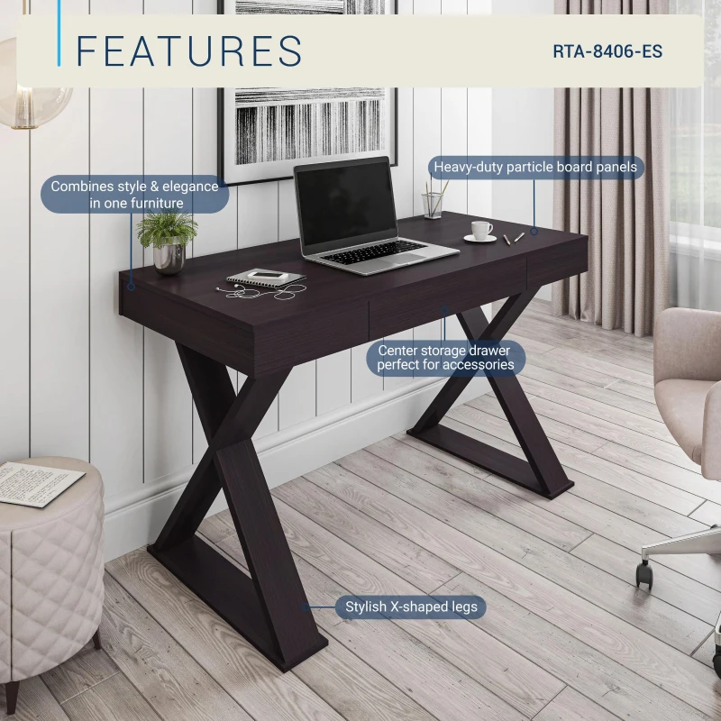 Trendy Writing Desk with Center Storage Drawer and X-Shaped Legs, Modern Home Office Computer Desk for Workspace, 47" L x 22" W x 30" H, Espresso