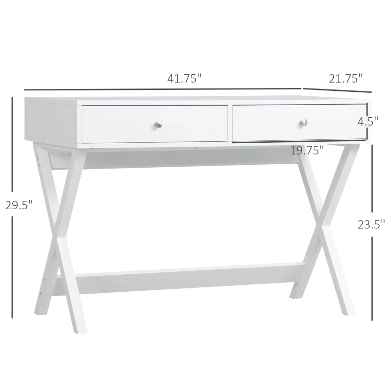 HOMCOM Modern Writing Desk, White Computer Desk, Vanity Makeup Table with Two Drawers, X-shaped Leg for Home Office, Bedroom