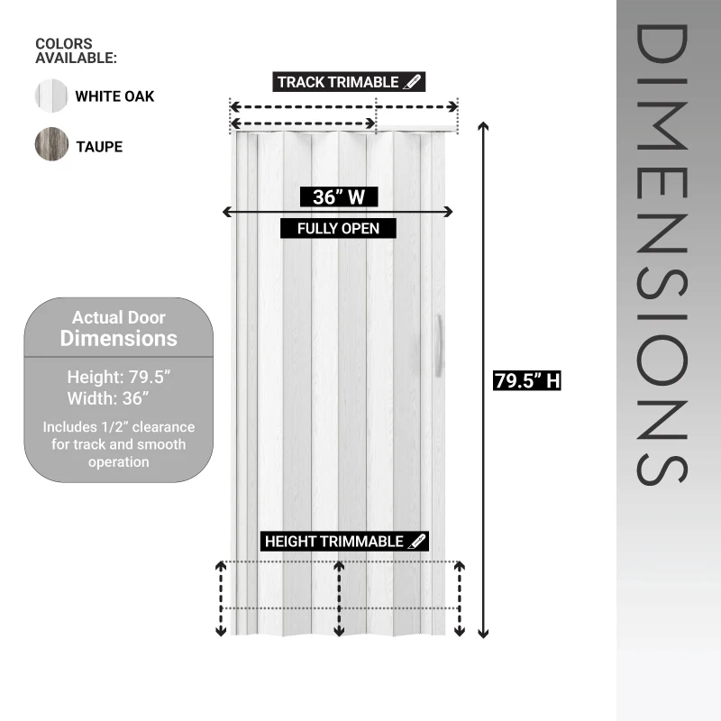 Sleek Foldable Accordion Door with Double-Walled Panels, Space-Saving Interior PVC Sliding Door for Bedroom and Closet, 36" L x 1" W x 80" H, White Oak
