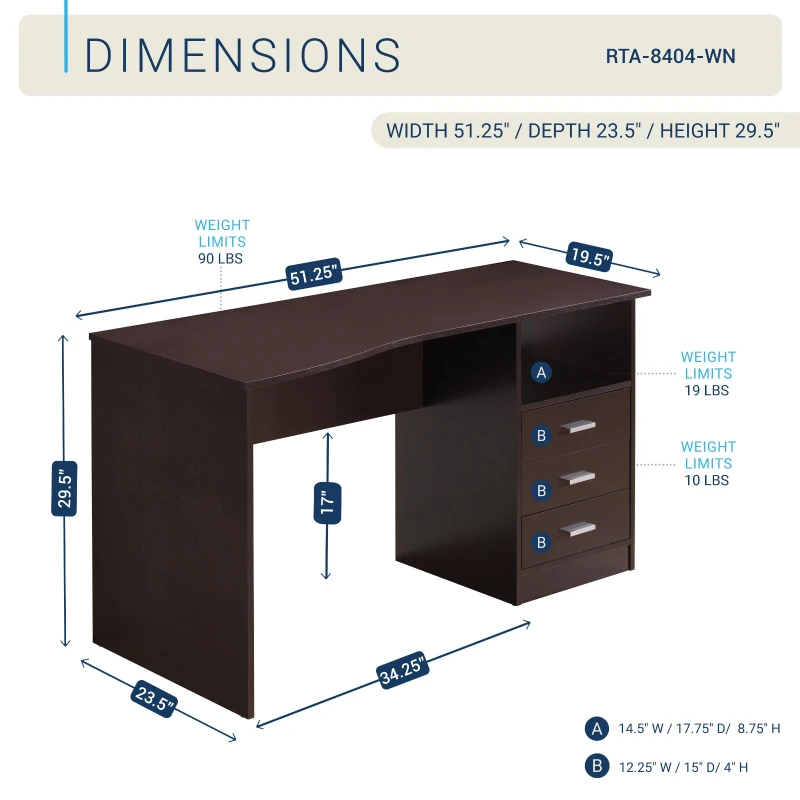 Classic Computer Desk with 3 Drawers and Side Shelf, Modern Contoured Workstation Table for Home Office Studio, 51" L x 23.5" W x 29.5" H, Wenge