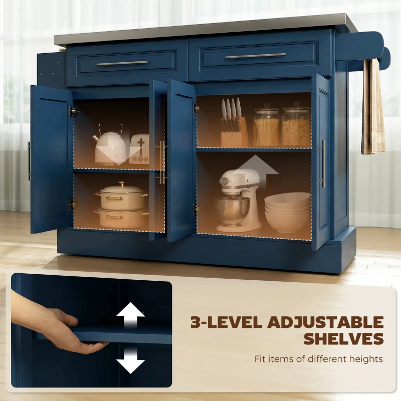HOMCOM Rolling Kitchen Island with Stainless Steel Top, 2 Drawers, Spice, Knife and Towel Rack and Cabinets, Navy Blue