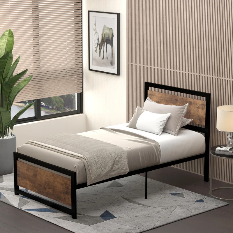 HOMCOM Single Bed Frame with Headboard & Footboard, Strong Metal Slat Support Bed Frame w/ Underbed Storage Space, No Box Spring Needed, 41.75'' x 76.75'' x 40.5''