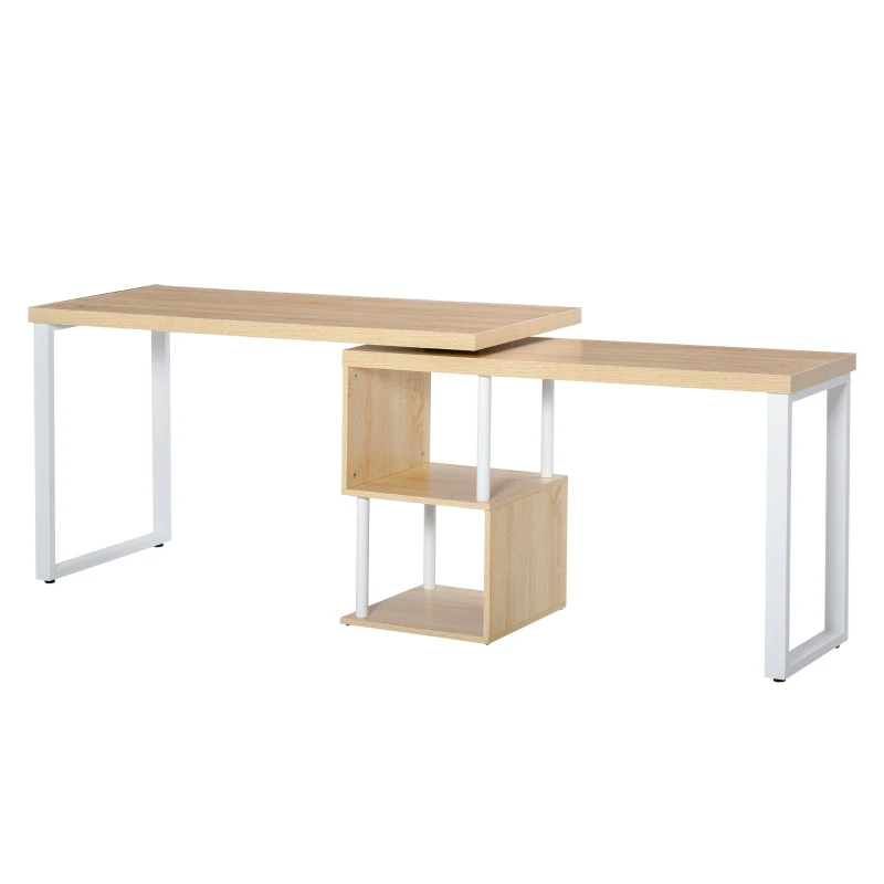 HOMCOM 55" 360 Degree Rotating Corner L-Shaped Computer Desk with Storage Shelves, Home Office Study Writing Workstation Modern Space-Saving Design, Oak