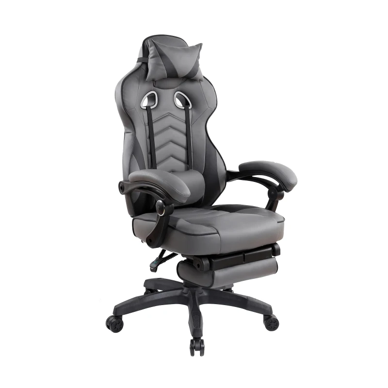 Comforting Executive Chair with Extending Footrest and Headrest Pillow, Ergonomic Office Chair for Gaming Rooms, 28″ L x 27″ W x 48.5″ H, Gray