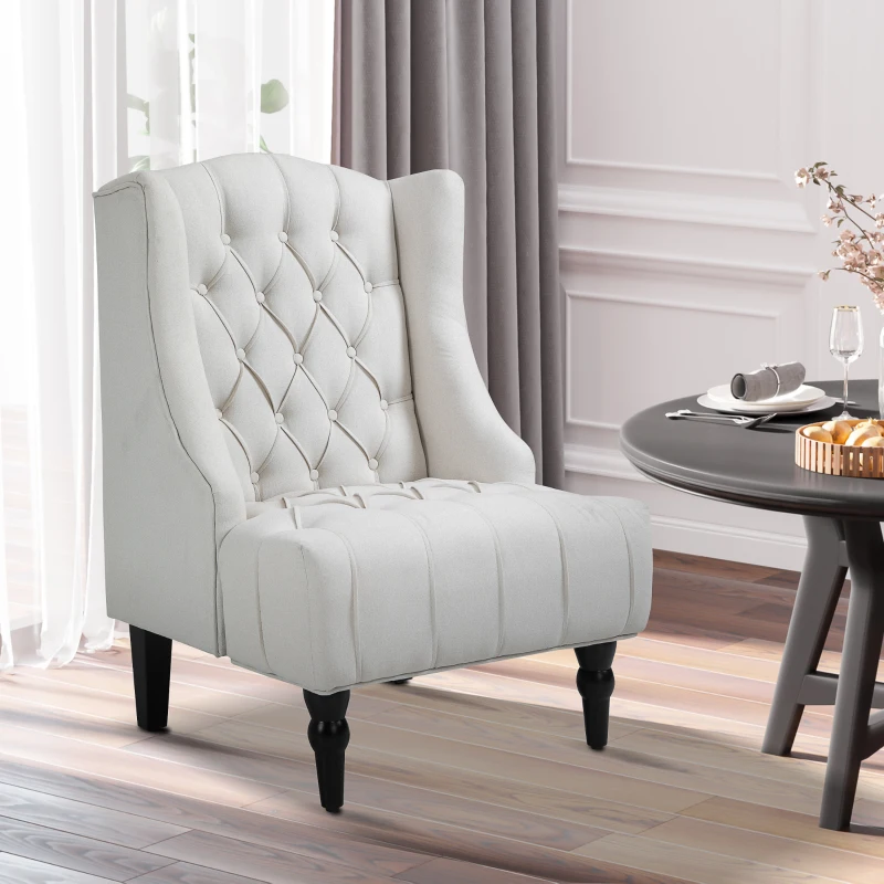 HOMCOM Linen Fabric Button Tufted Wingback Accent Chair with Thick Padded Cushioned Seats and Wooden Legs for Living Room and Bedroom, Beige