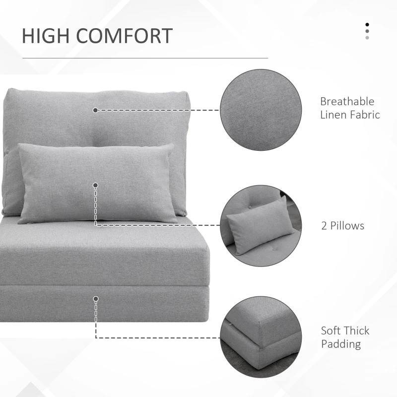 HOMCOM Folding Sofa Bed, Convertible Sleeper Chair with Adjustable Backrest, Metal Frame and Pillow, Upholstered Chair Bed Floor Sofa for Living Room Bedroom, Light Gray