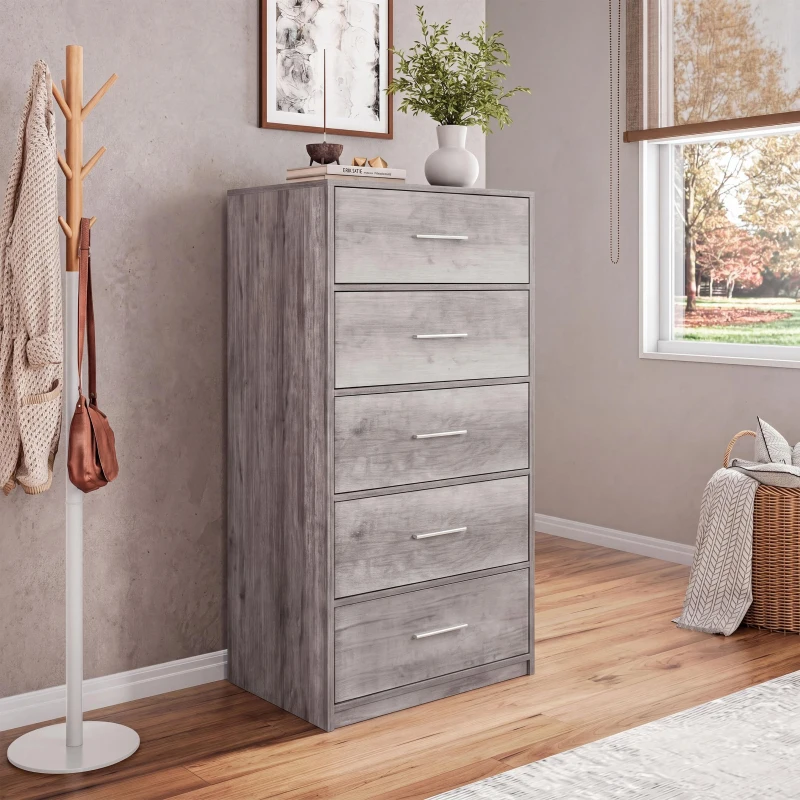 Spacious 5-Drawer Fabric Dresser with Wooden Top, Modern Storage Chest Organizer Tower for Closet, 22.5" L x 15.5" W x 43" H, Gray