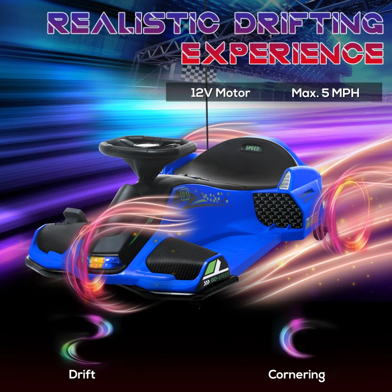 Aosom 12V Electric Drifting Go Kart w/ Slow Start, Music, Lights, Blue