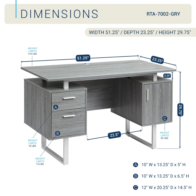 Modern White Desk with 2 Storage Drawers and Cabinet, Sleek Floating Desktop Computer Writing Table for Home Office, 51" L x 23.5" W x 30" H, Grey