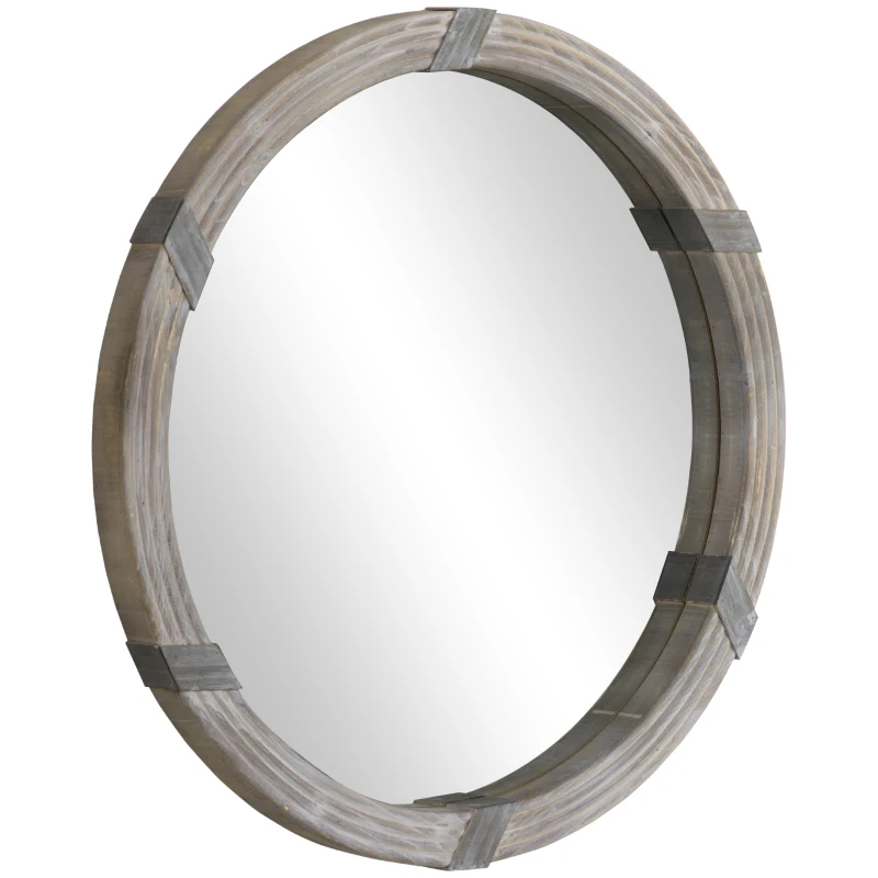 HOMCOM 30.75" Wood Wall Mirror, Farmhouse Decorative e Round Mirror for Wall Decor in Living Room, Bedroom, Natural Wood Color