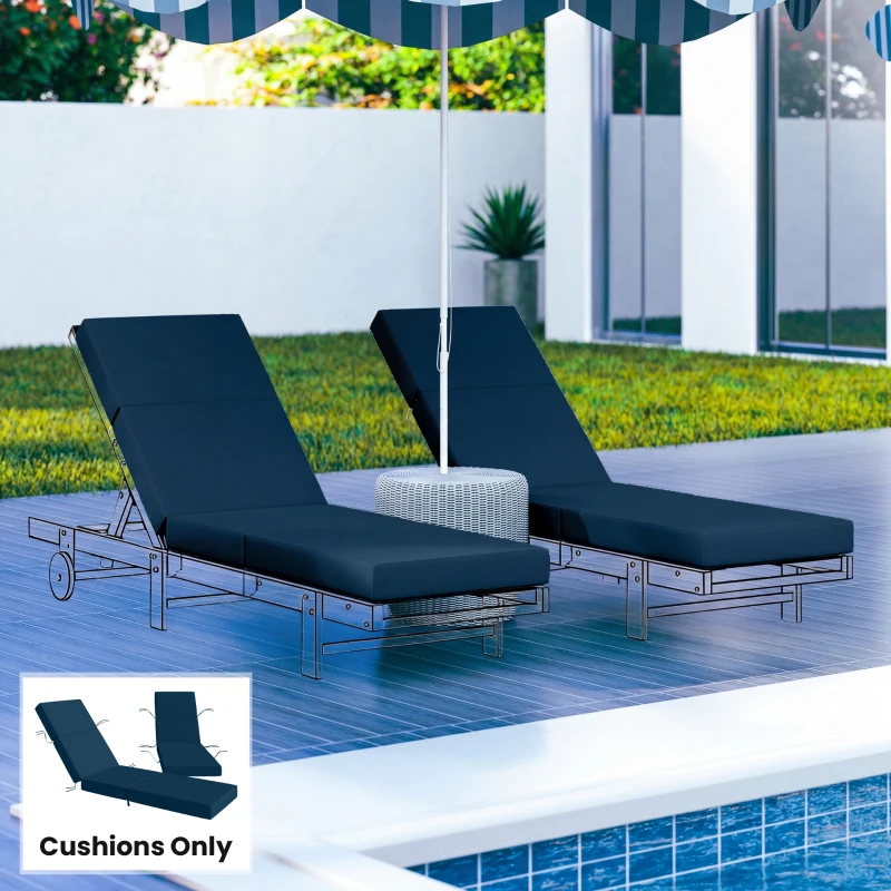 Outsunny Set of 2 Chaise Lounge Cushion, 4" Thick Outdoor Lounge Chair Cushions with Ties for Patio, 21" x 72", Navy Blue