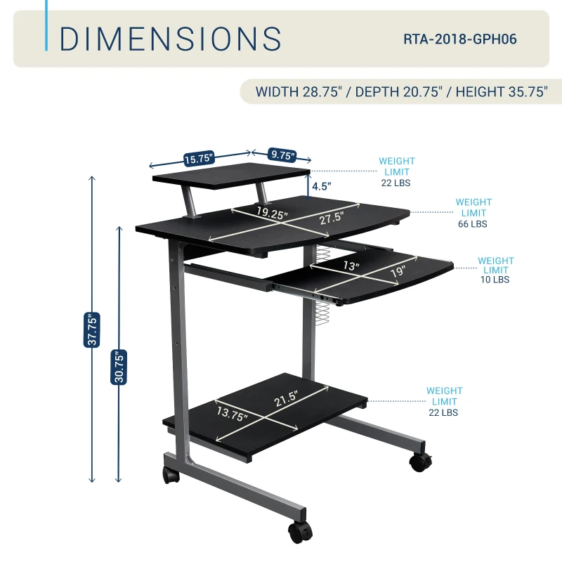 Compact Computer Cart with Adjustable Shelf and Slide-Out Keyboard, Space-Saving Desk for Dorms, 28.5" L x 20.5" W x 35.5" H, Black