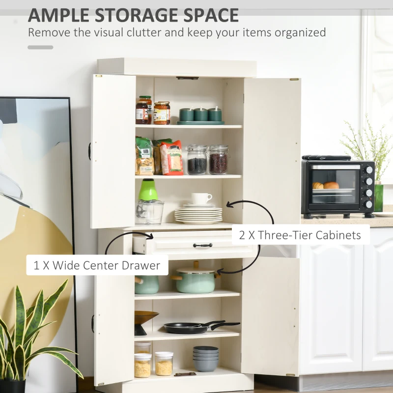 HOMCOM 71" Freestanding Kitchen Pantry Cabinet, Tall Storage Cabinet with 4 Doors and Drawer for Dining Room, Ivory