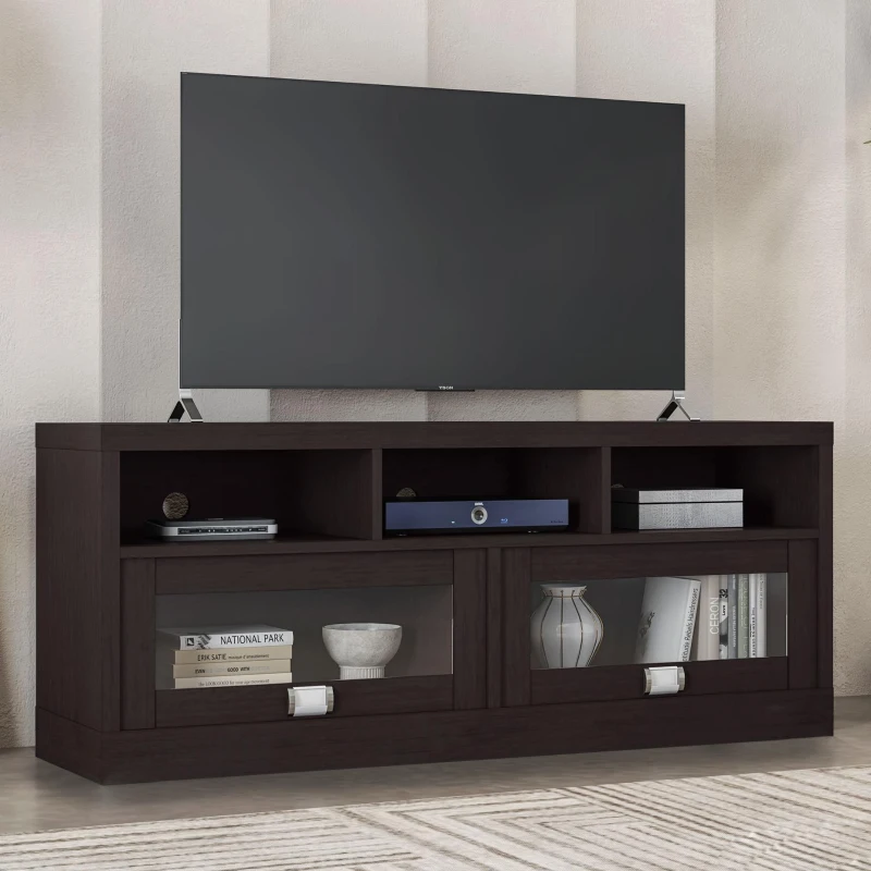 Sleek Durbin TV Stand with Glass Panel Cabinets and Cable Management, Modern Media Sideboard Cabinet for Living Room, 57" L x 15" W x 23" H, Espresso
