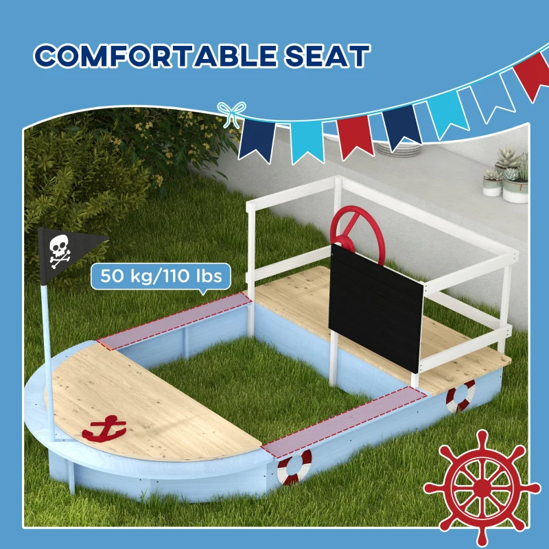 Outsunny Wooden Sandbox with Pirate Ship Design for 3-7 Years, Blue