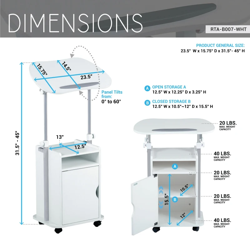 Practical Laptop Cart with Adjustable Tilting Panel, Mobile Workstation for Home Offices, Classrooms, or Bedside, 23.5″ L x 15.5″ W x 31.5″ H, White