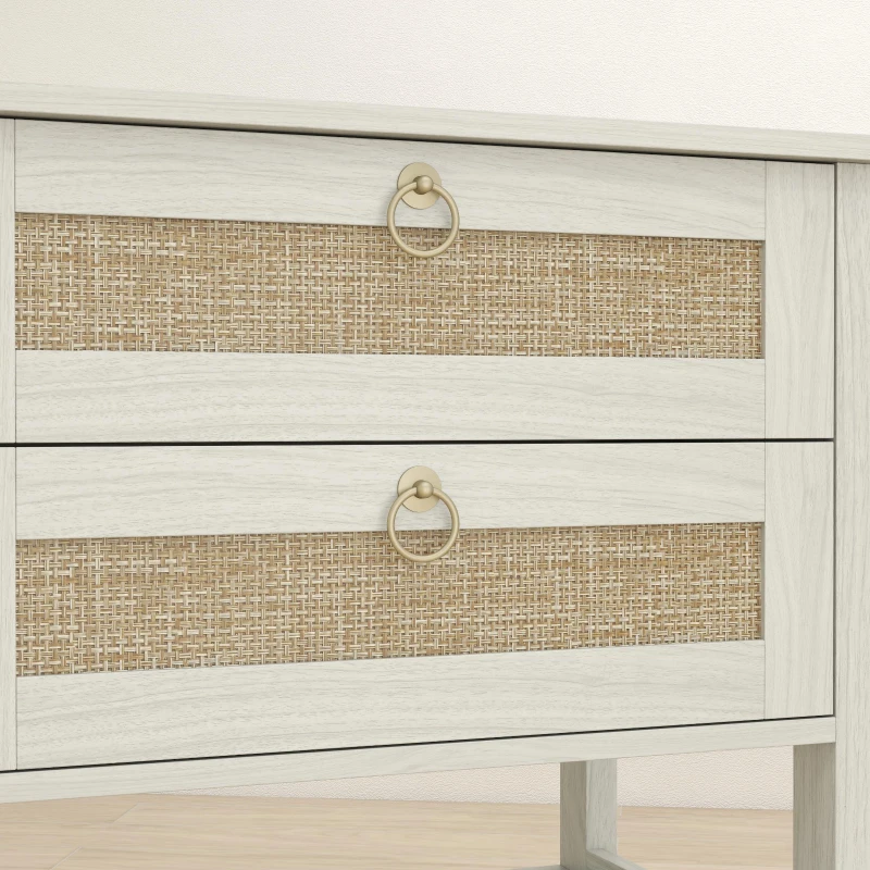 HOMCOM Set of 2 Boho Bedside Tables, Rattan Nightstands with 2 Drawers, Storage Shelf, End Side Tables for Bedroom, White Oak