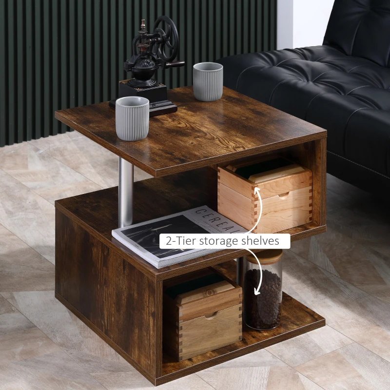 HOMCOM 20" Modern End Table, Accent Side Table, S-Shaped Coffee Table with Storage Shelf and Steel Poles, Rustic Brown