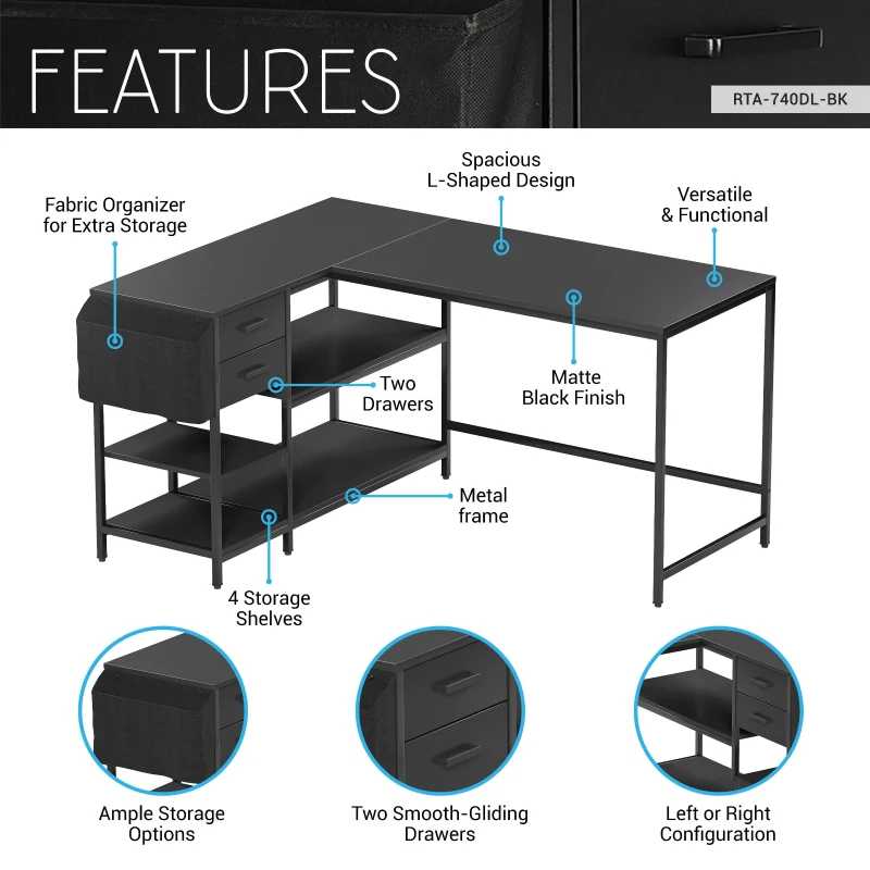 Modern L-Shaped Desk with 2 Drawers and Fabric Organizer, Contemporary Corner Computer Desk for Home Office, 55" L x 46.5" W x 29.5" H, Black