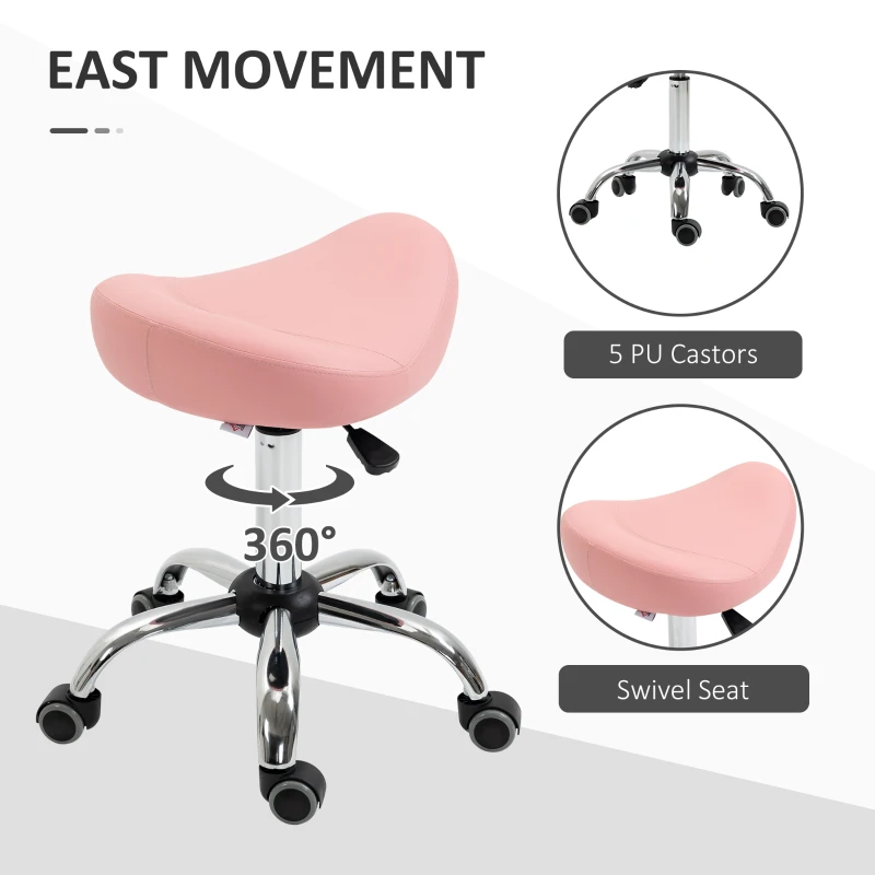 HOMCOM Ergonomic Saddle Stool with Wheels, Adjustable PU Leather Saddle Chair, 360° Swivel, NO Back Pain, Healthy Posture, Salon Chair for Massage Medical Home, Pink