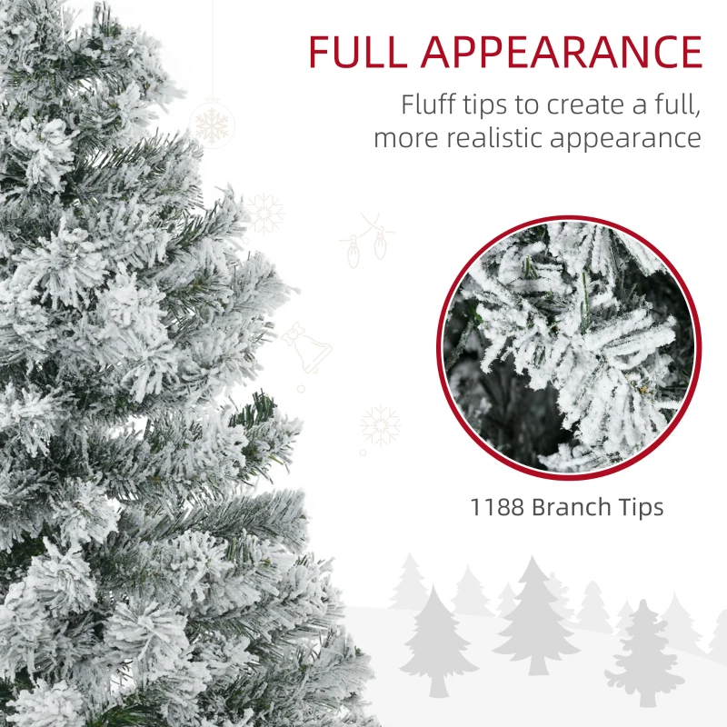 HOMCOM 7.5' Prelit Artificial Flocked Christmas Trees, with Snow Frosted Branches, Warm White LED Lights, Auto Open