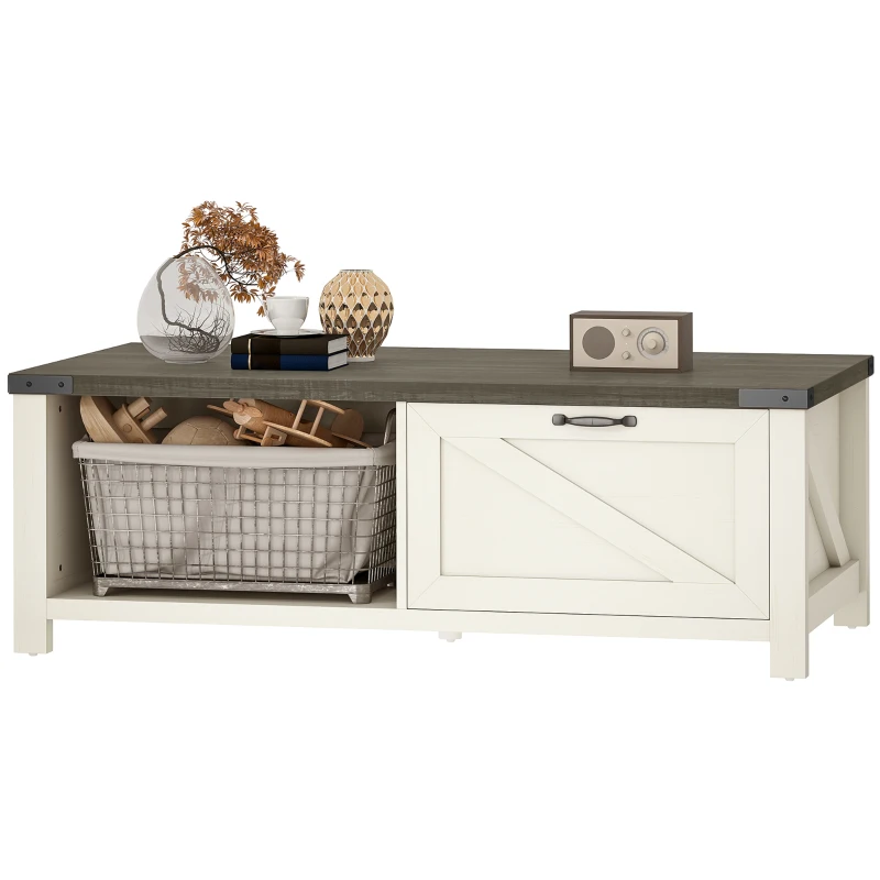 HOMCOM Farmhouse Coffee Table with Drawer, Open Storage Shelf for Living Room, Dining Room, Office, Distressed White