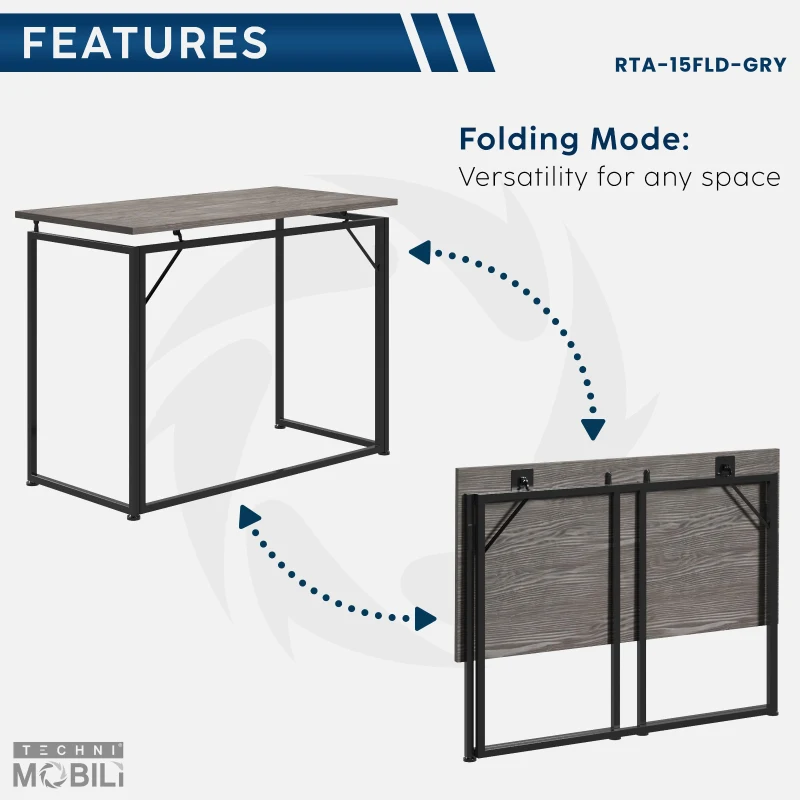 Sleek Folding Desk with Sturdy Steel Legs and MDF Top, Space-Saving Small Computer Writing Table for Apartment, 39.5" L x 19.5" W x 29" H, Grey