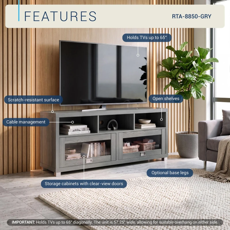 Sleek Durbin TV Stand with Glass Panel Cabinets and Cable Management, Modern Media Sideboard Cabinet for Living Room, 57" L x 15" W x 23" H, Grey