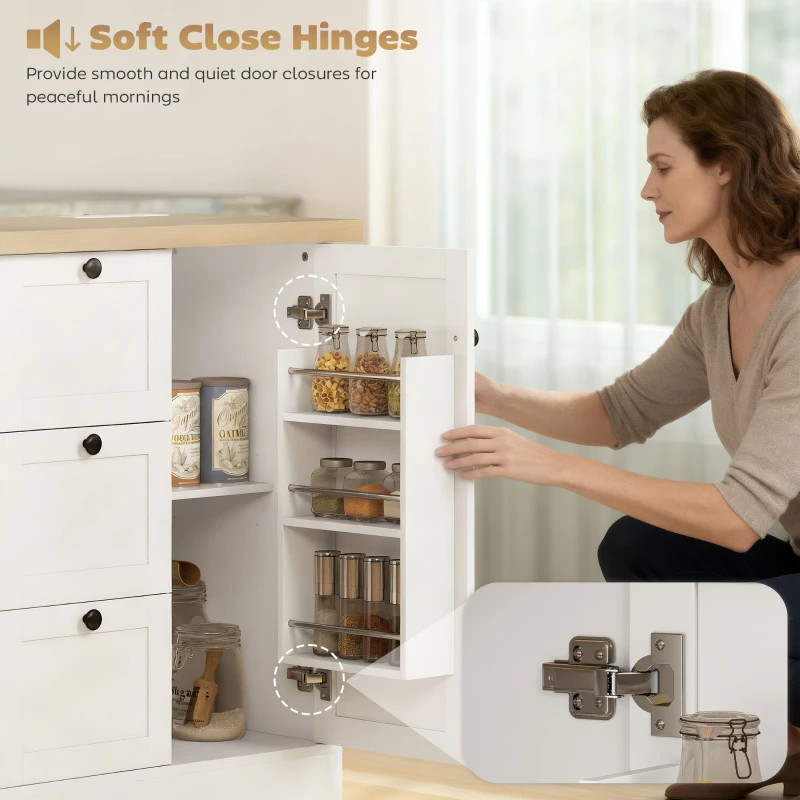 HOMCOM Farmhouse Kitchen Island Cart with Power Outlet and Soft-Close Doors, 49" Kitchen Island with 3 Drawers, White