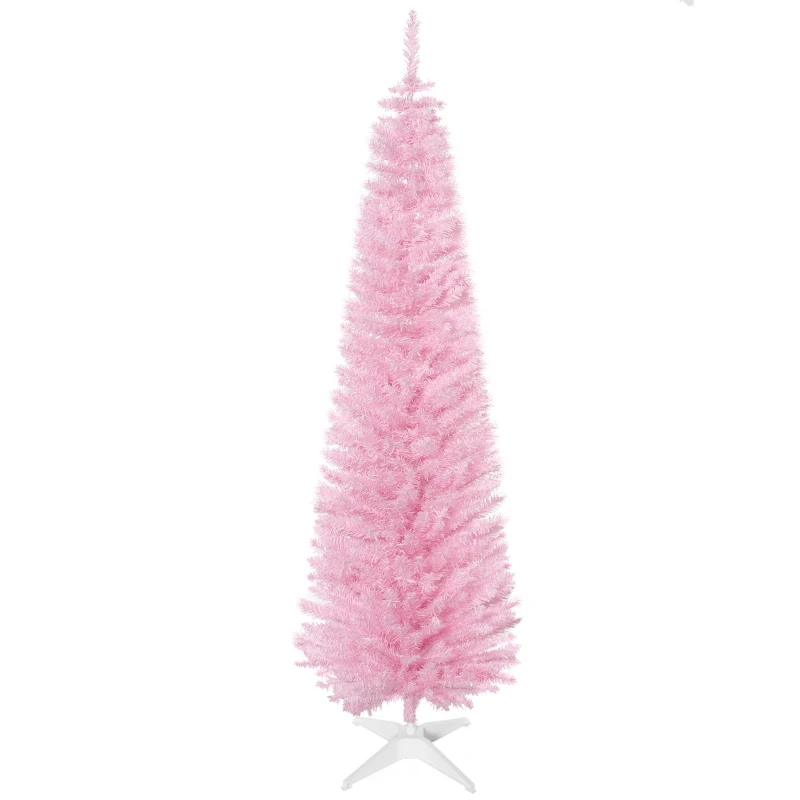 HOMCOM 6' Artificial Pencil Christmas Tree, Slim Xmas Tree with 390 Realistic Branch Tips and Plastic Stand, Pink