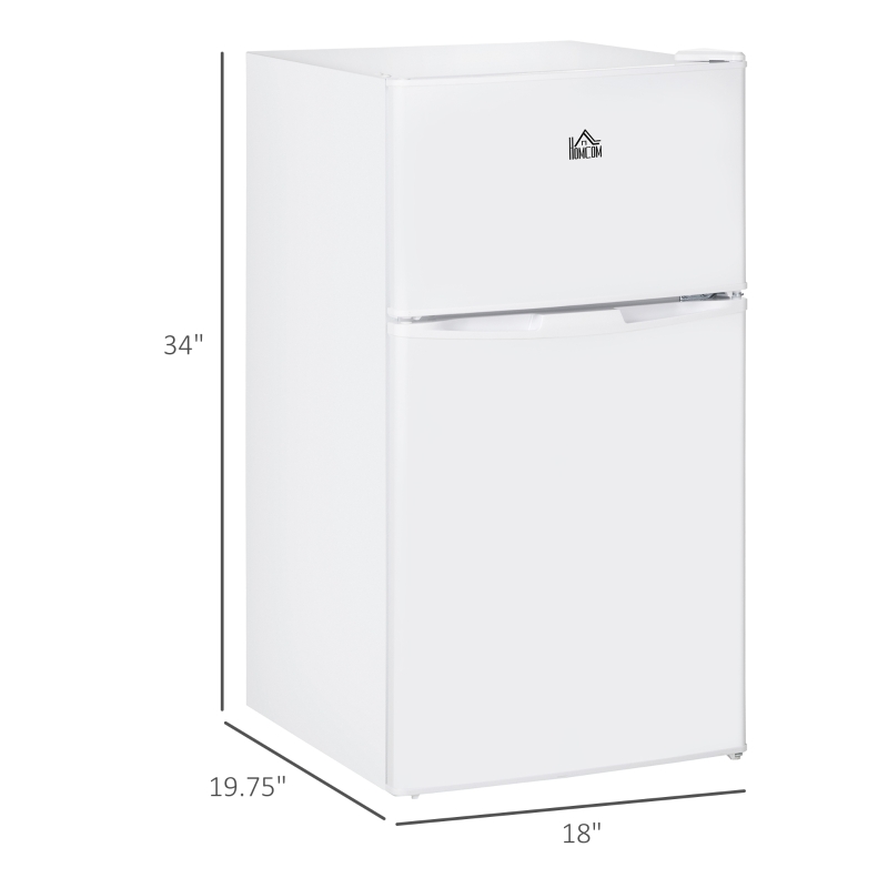 HOMCOM 3.2 Cu.Ft Mini Fridge with Freezer, Compact Refrigerator with Adjustable Thermostat, Shelf and Double Reversible Door for Bedroom, Dorm, Home Office, Energy Efficient, White