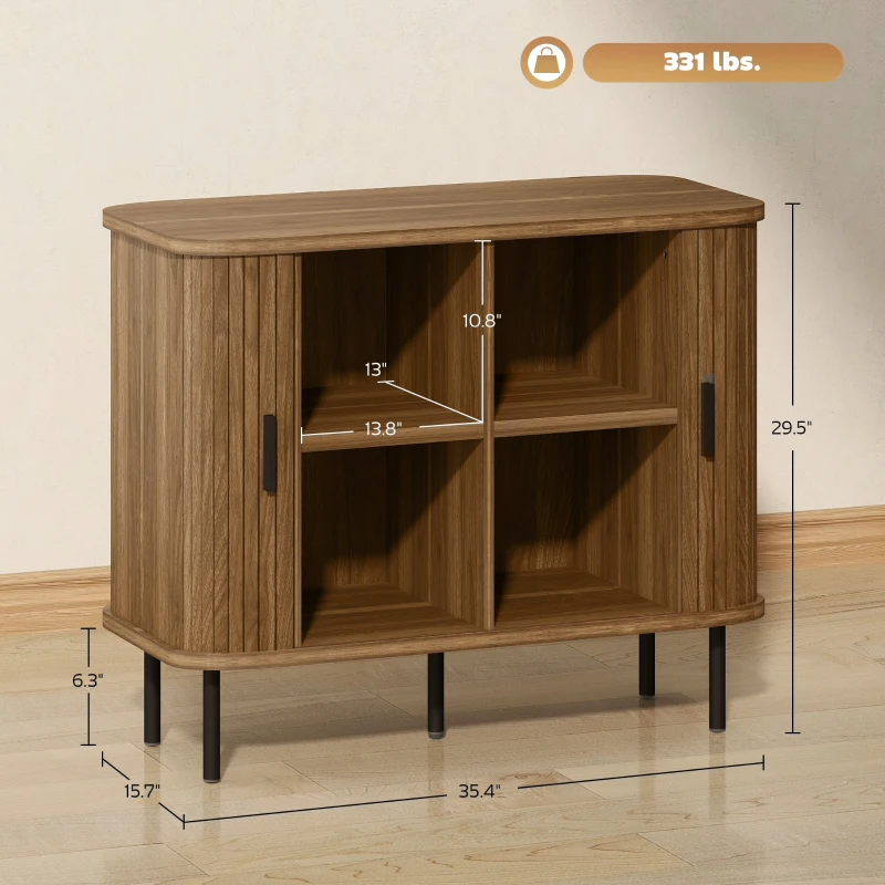 HOMCOM 35.4" Sideboard Buffet Cabinet with Storage, Nordic Coffee Bar Cabinet with Slatted Tambour Doors and Metal Legs, Walnut