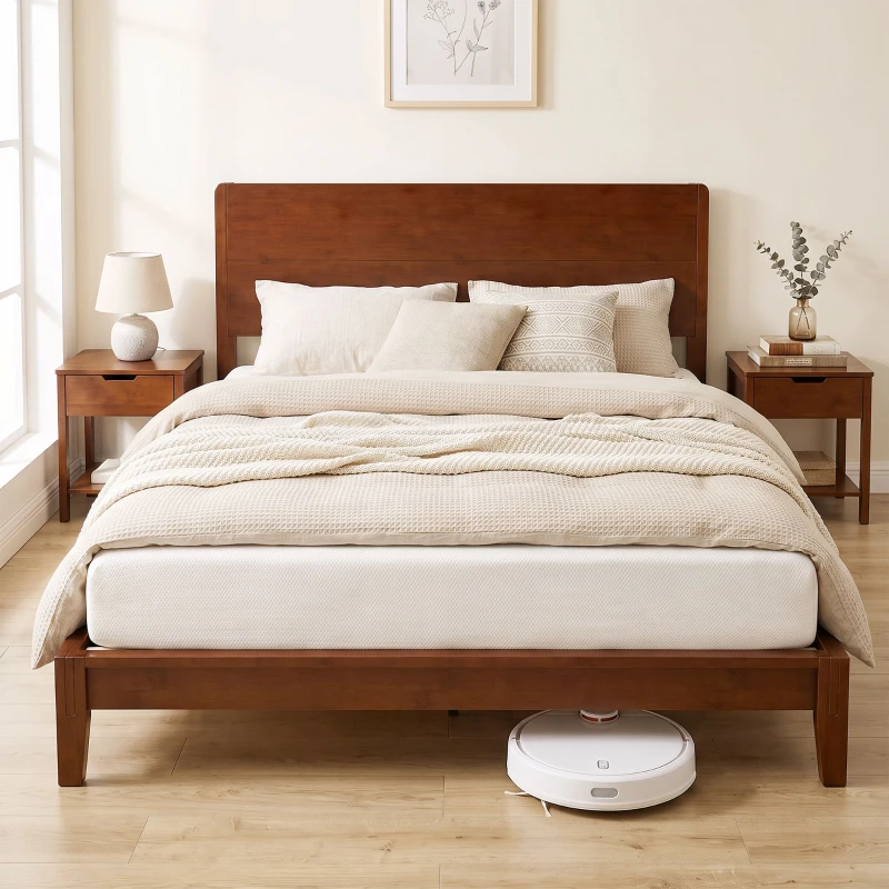 HOMCOM Queen Size Bamboo Platform Bed Frame with Headboard and 12 Poplar Slats, No Box Spring Needed, Easy Assembly, Brown