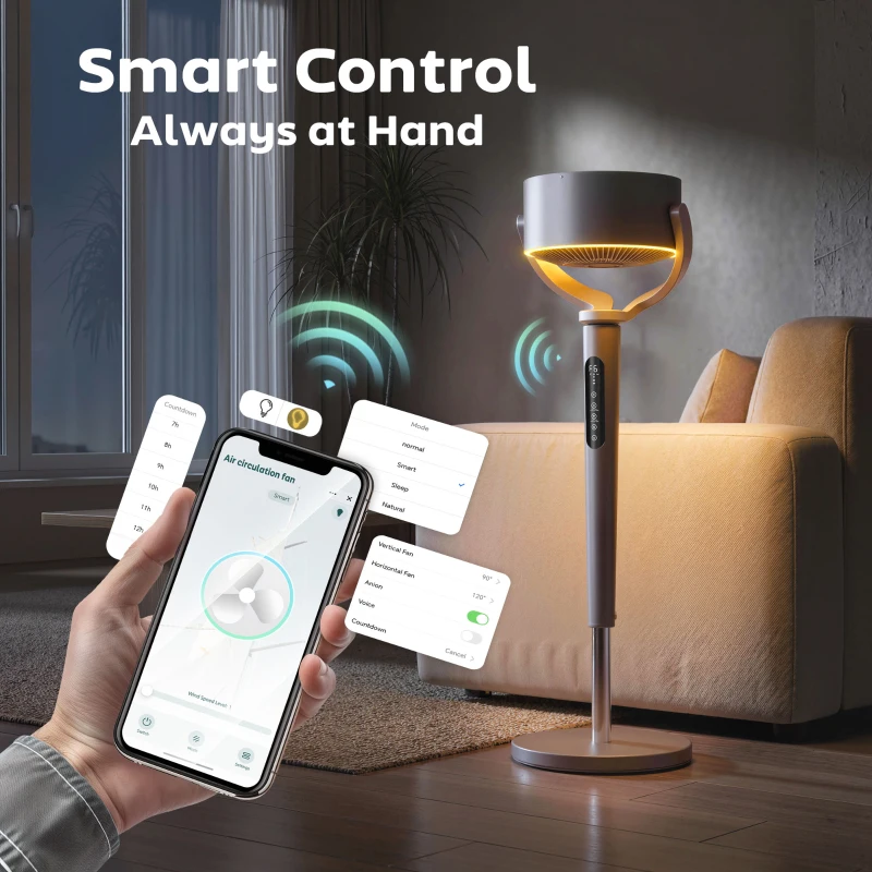 HOMCOM 20dB Silent Standing Fan, Oscillating Fan with 12 Speeds, LED Light, WiFi & Remote Control, 12H Timer