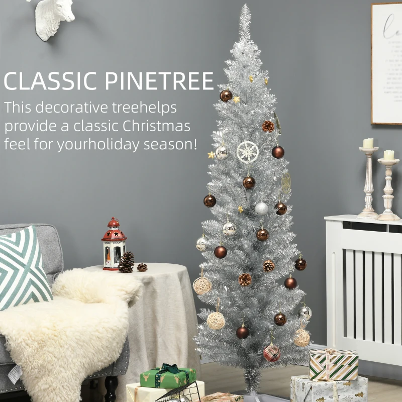 HOMCOM 6' Artificial Pencil Christmas Tree, Slim Xmas Tree with 390 Realistic Branch Tips and Plastic Stand, Silver