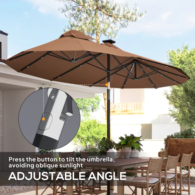 Outsunny Double-sided Patio Umbrella, 9.7 ft. Outdoor Umbrella with 45-Degree Tilt and Crank, LED Solar Light and 12 Ribs, Coffee