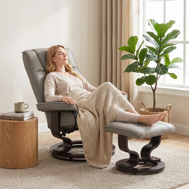 HOMCOM Faux Leather Reclining Chair with Ottoman, Manual Recliner with Tufted Back and Wood Frame for Living Room, Gray