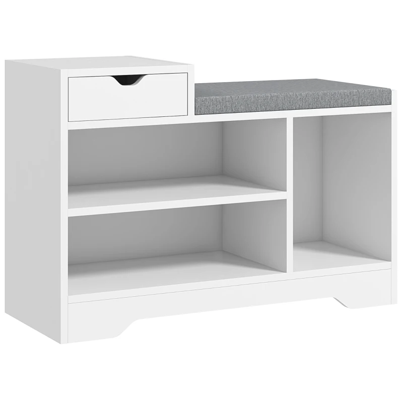 HOMCOM Upholstered Shoe Storage Bench, Hallway Shoe Storage with Seat, Drawer, 3 Open Shelves for Entryway, White