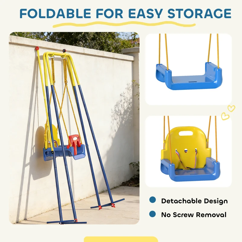Qaba 3 in 1 Toddler Swing Set, Folding Child Swing Set with Seat Belt, Adjustable Seat for Outdoor Indoor, Blue